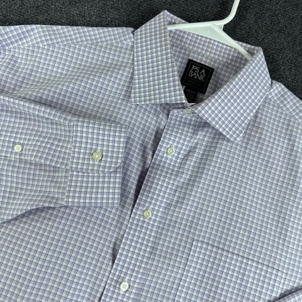 Jos.‎ A. Bank Dress Shirt Mens 17.5 35 Purple White Check Traveler Traditional